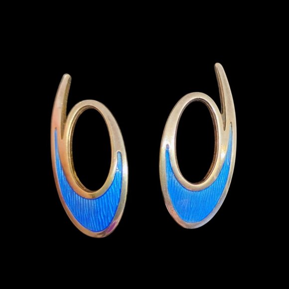 D-A David Andersen & Willy Winnaess Norway Blue Enamel Clip-On Swirl Earrings - Picture 1 of 7